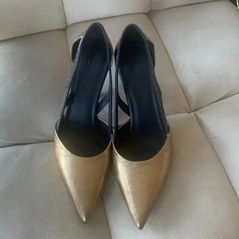 NWOT BRUNELLO CUCINELLI gold leather 4 inch heel pumps w/ signature beads sz 37 - Picture 2 of 8